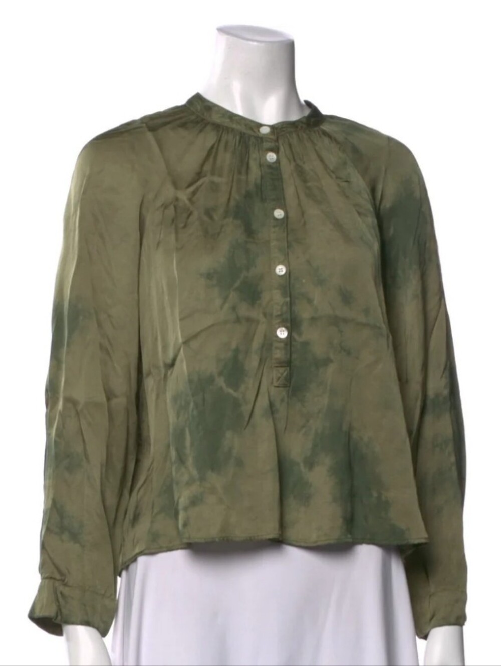 Raquel Allegra Tie Dye Olive Green Long-Sleeve Button Front Blouse